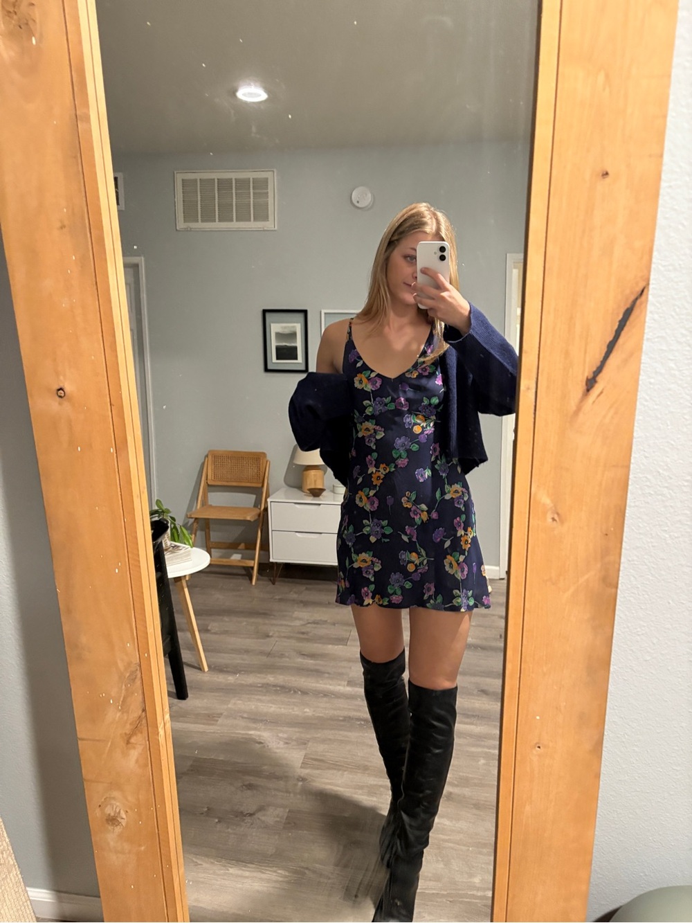 jonathan martin Navy Floral Slip Dress with Purple and Yellow Blooms